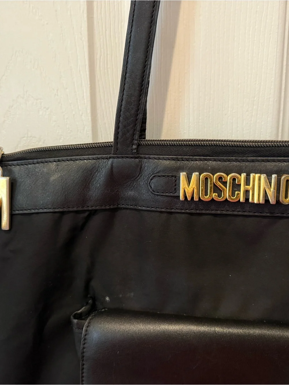 Moschino Black Tote Laptop Bag with Gold Logo